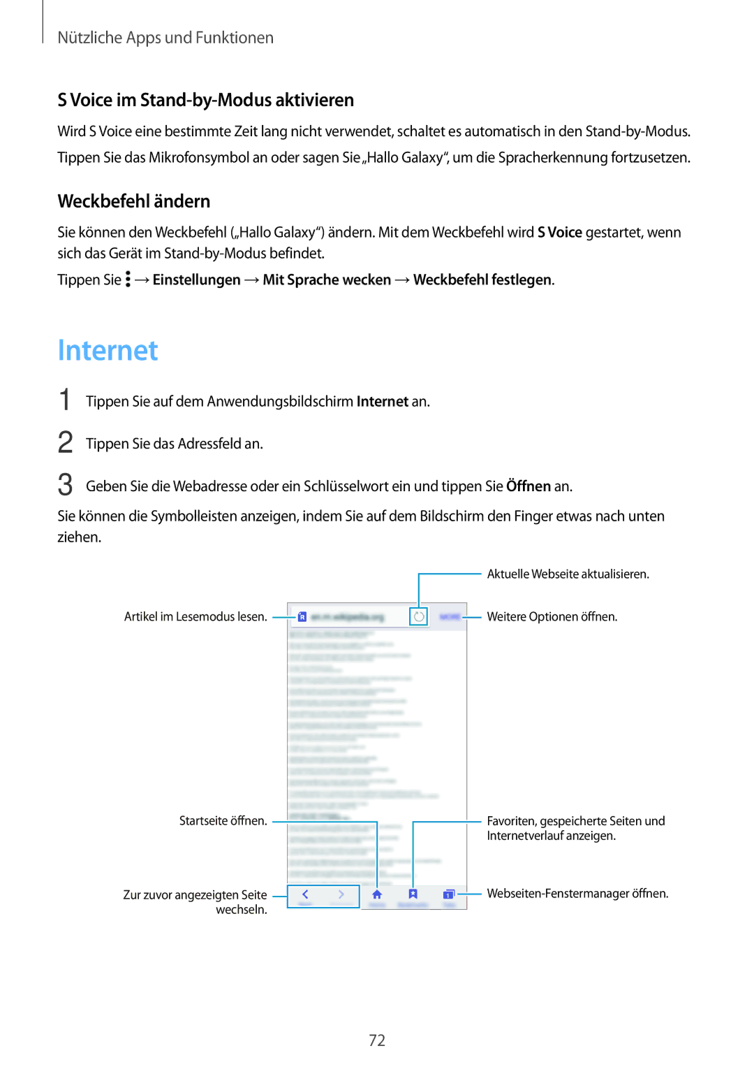 Samsung SM-A300FZWUVGR, SM-A300FZDDSEE, SM-A300FZDUMEO manual Internet, Voice im Stand-by-Modus aktivieren, Weckbefehl ändern 