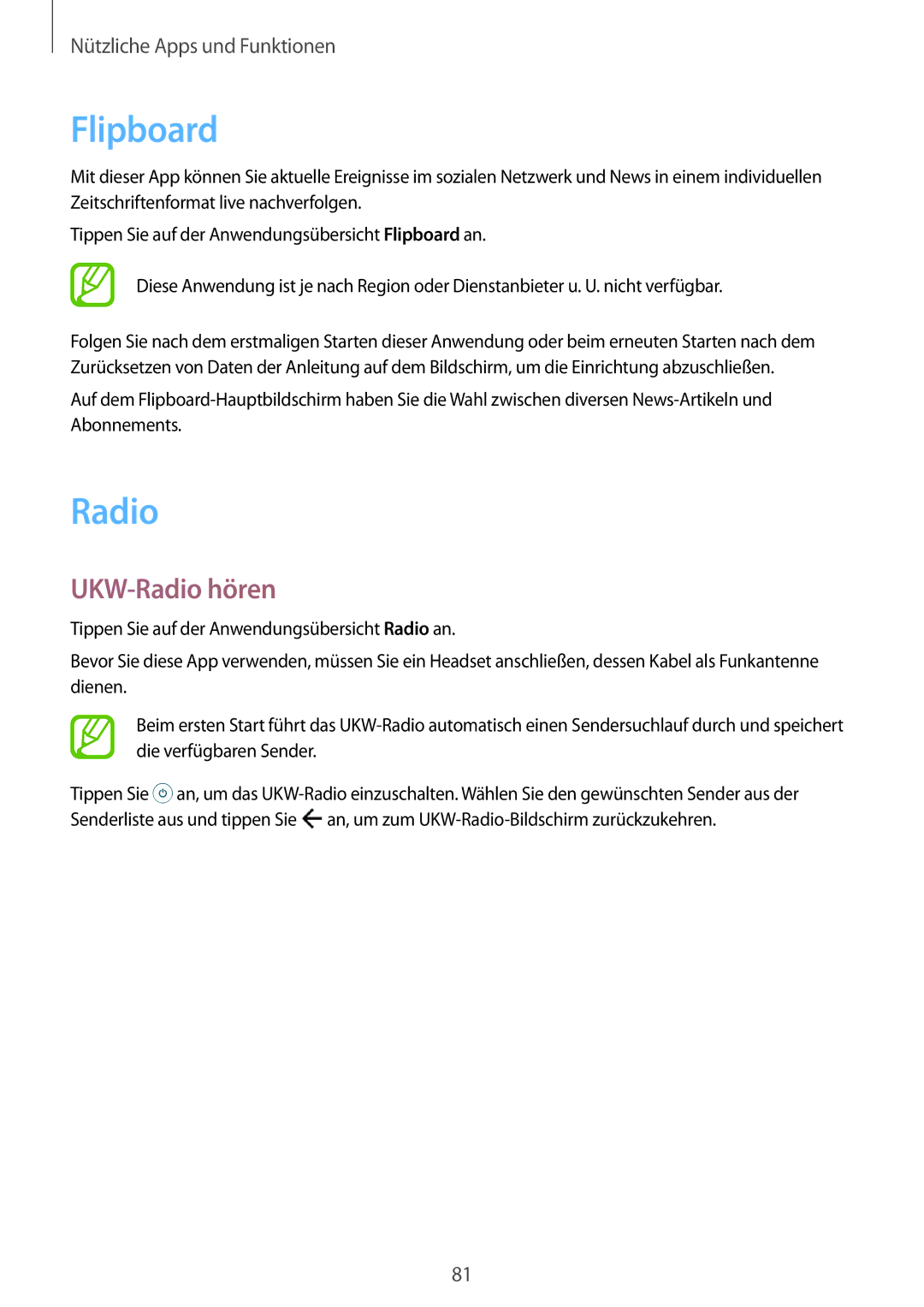 Samsung SM-A300FZKUVIA, SM-A300FZDDSEE, SM-A300FZDUMEO, SM-A300FZDUXEO, SM-A300FZWUVGR manual Flipboard, UKW-Radio hören 