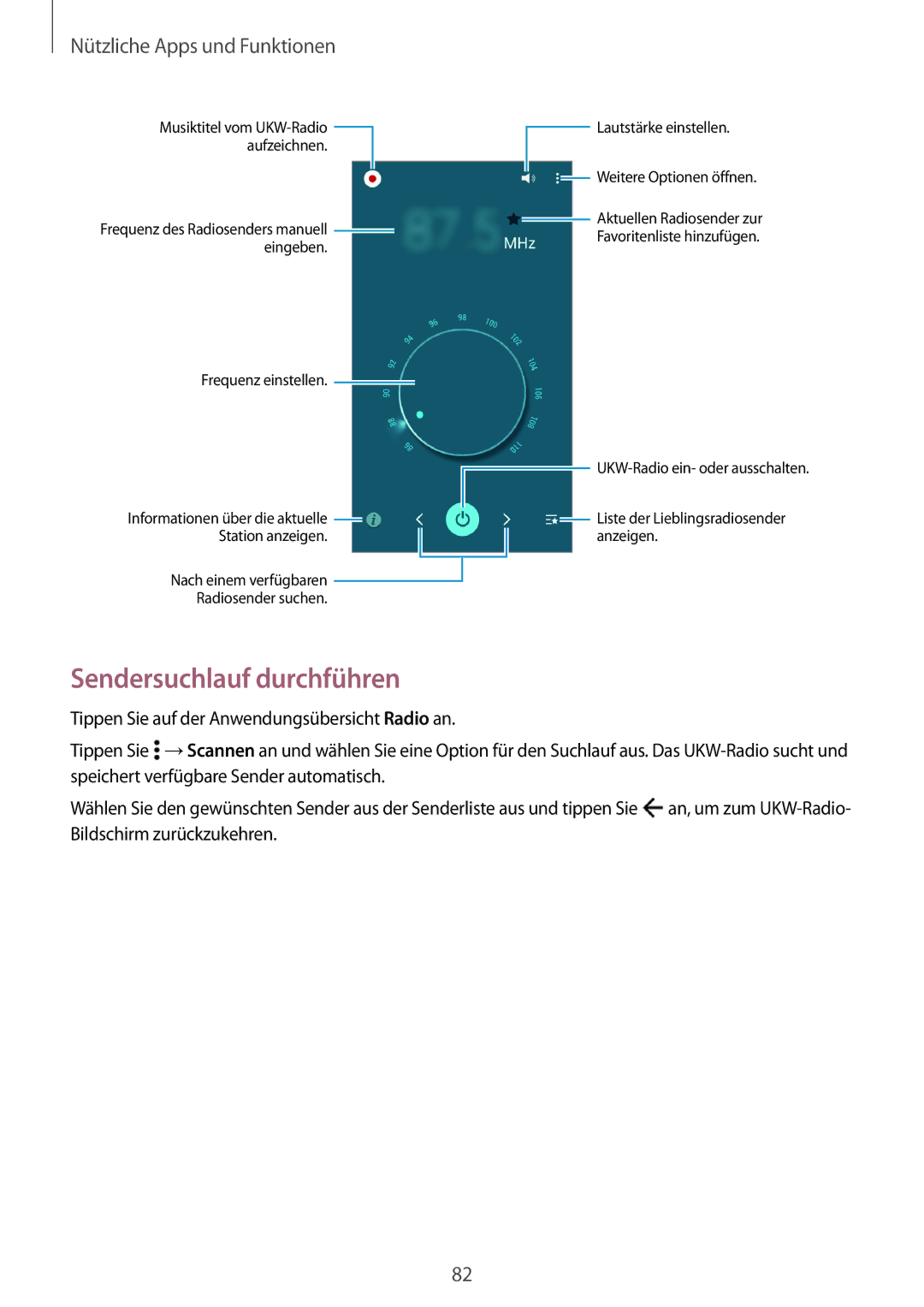 Samsung SM-A300FZKUTCL manual Sendersuchlauf durchführen, Musiktitel vom UKW-Radio Lautstärke einstellen Aufzeichnen 