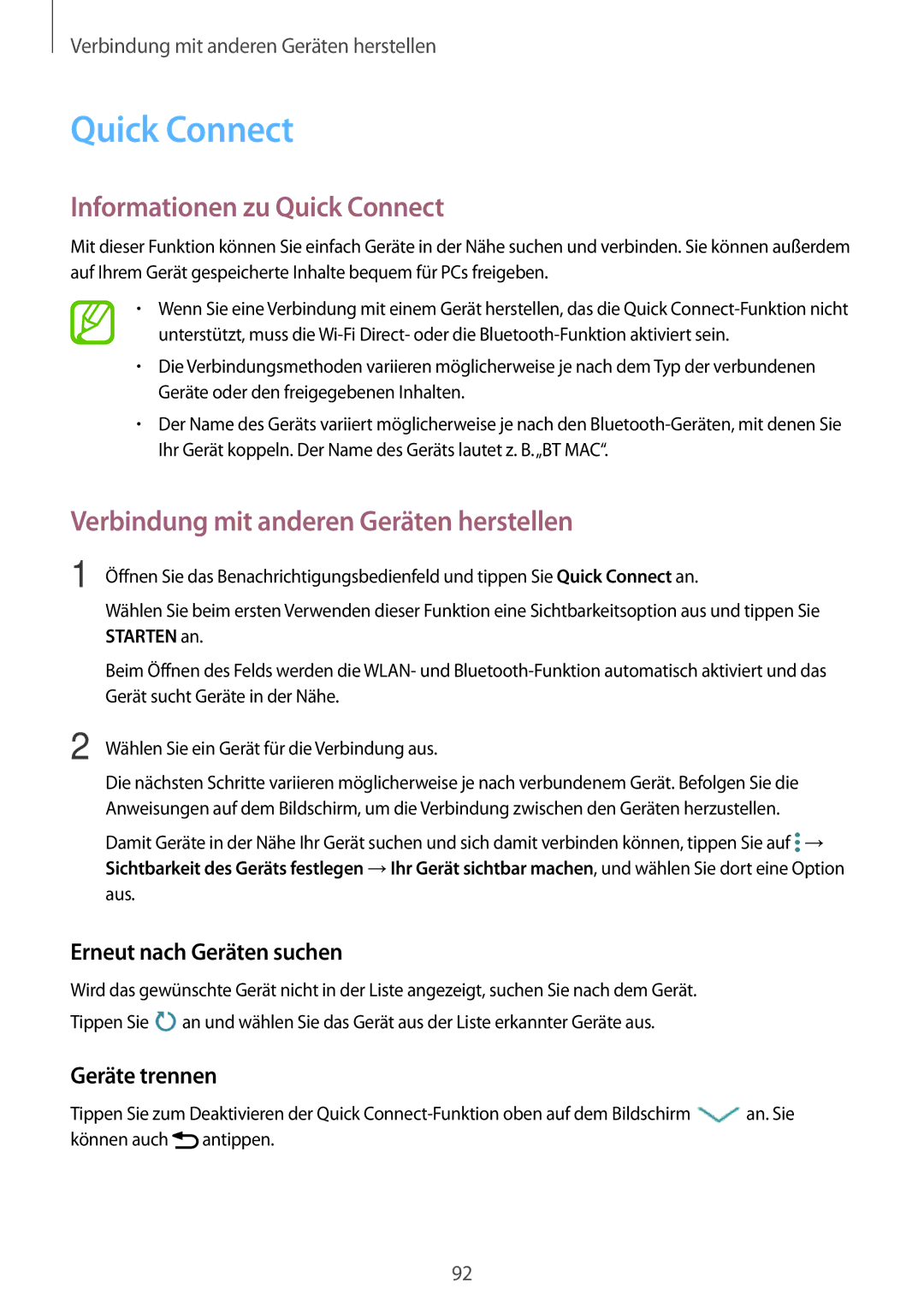 Samsung SM-A300FZDUVIA, SM-A300FZDDSEE manual Informationen zu Quick Connect, Erneut nach Geräten suchen, Geräte trennen 
