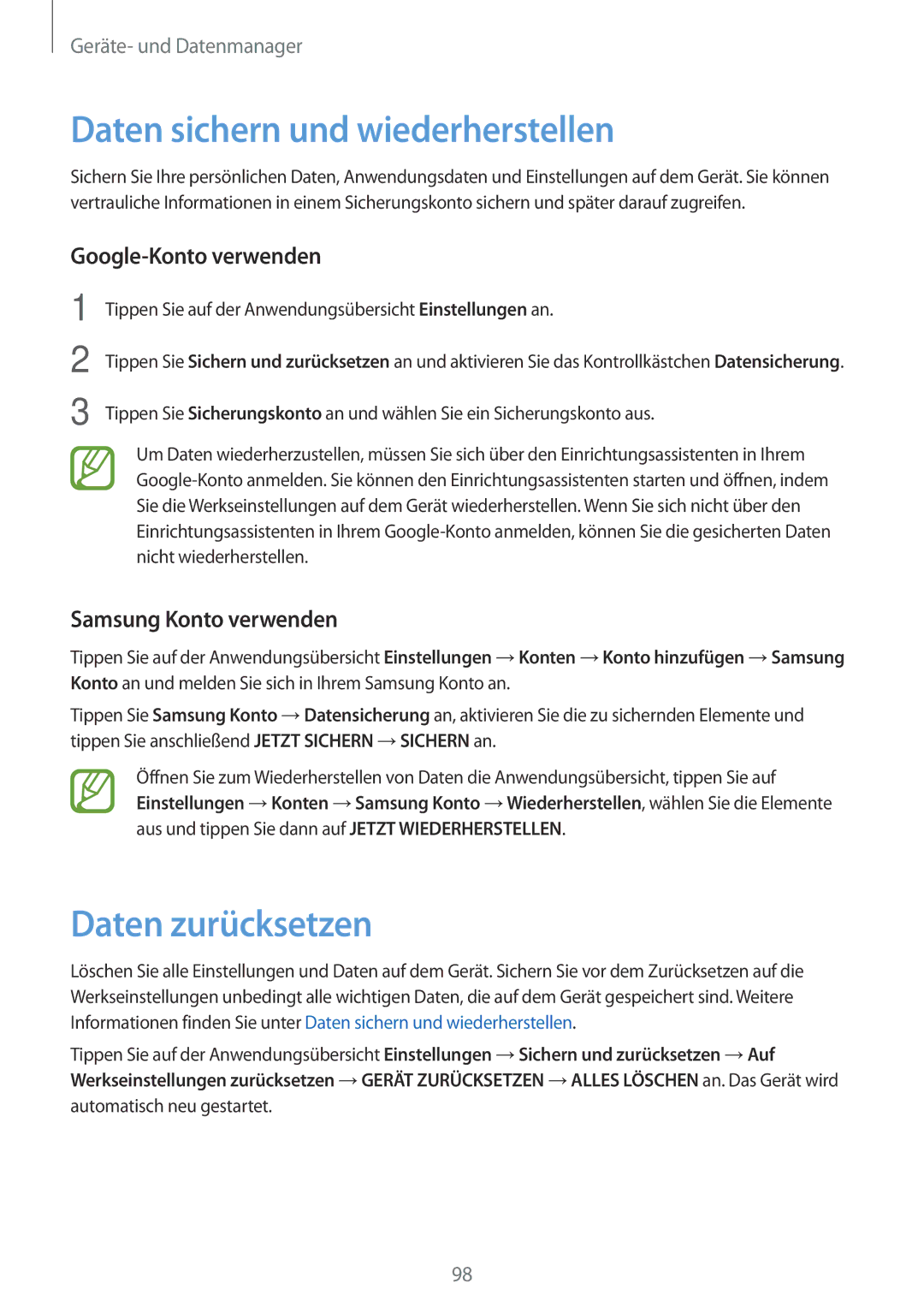 Samsung SM-A300FZWDROM, SM-A300FZDDSEE manual Daten sichern und wiederherstellen, Daten zurücksetzen, Google-Konto verwenden 