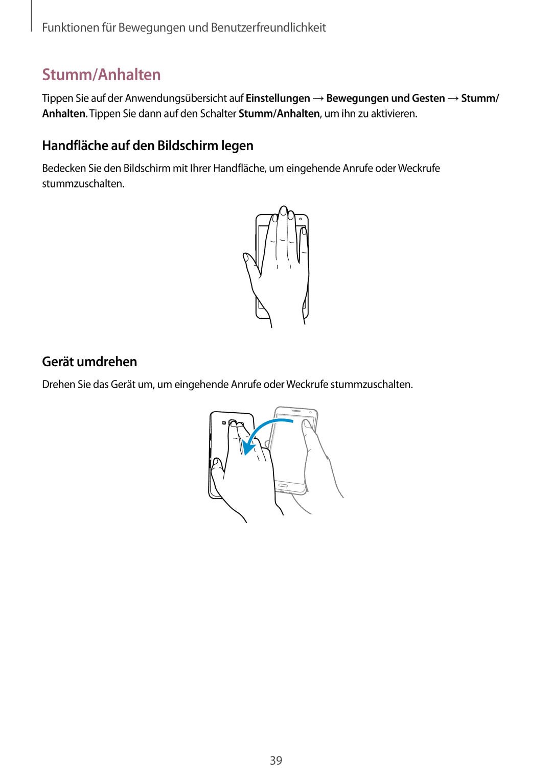 Samsung SM-A300FZKUDRE, SM-A300FZDDSEE, SM-A300FZDUMEO Stumm/Anhalten, Handfläche auf den Bildschirm legen, Gerät umdrehen 