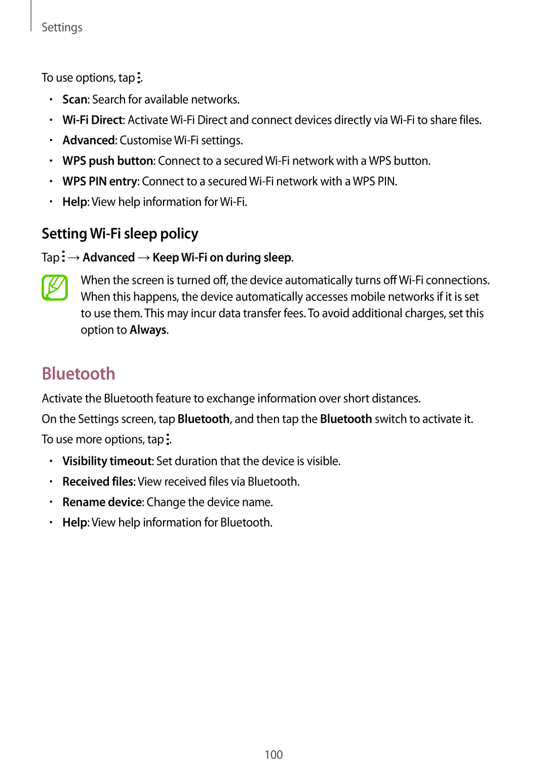 Samsung SM-A300FZDDAUT manual Bluetooth, Setting Wi-Fi sleep policy, Settings, Tap →Advanced →Keep Wi-Fi on during sleep 