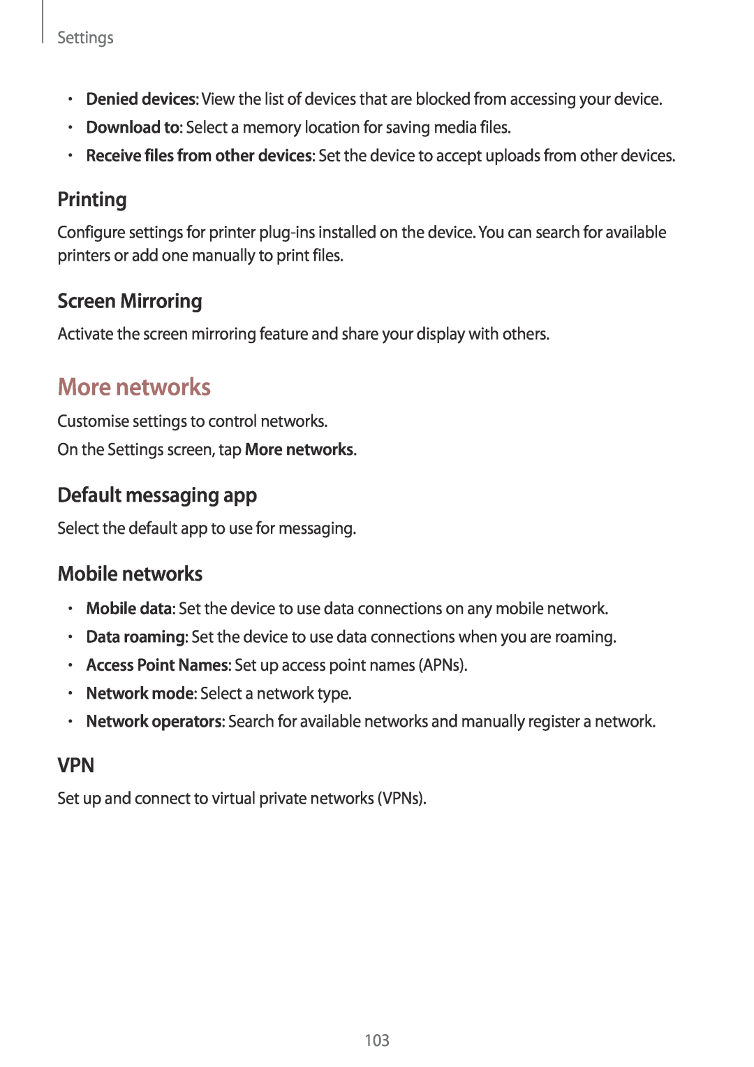 Samsung SM-A300FZSUSWC manual More networks, Printing, Screen Mirroring, Default messaging app, Mobile networks, Settings 