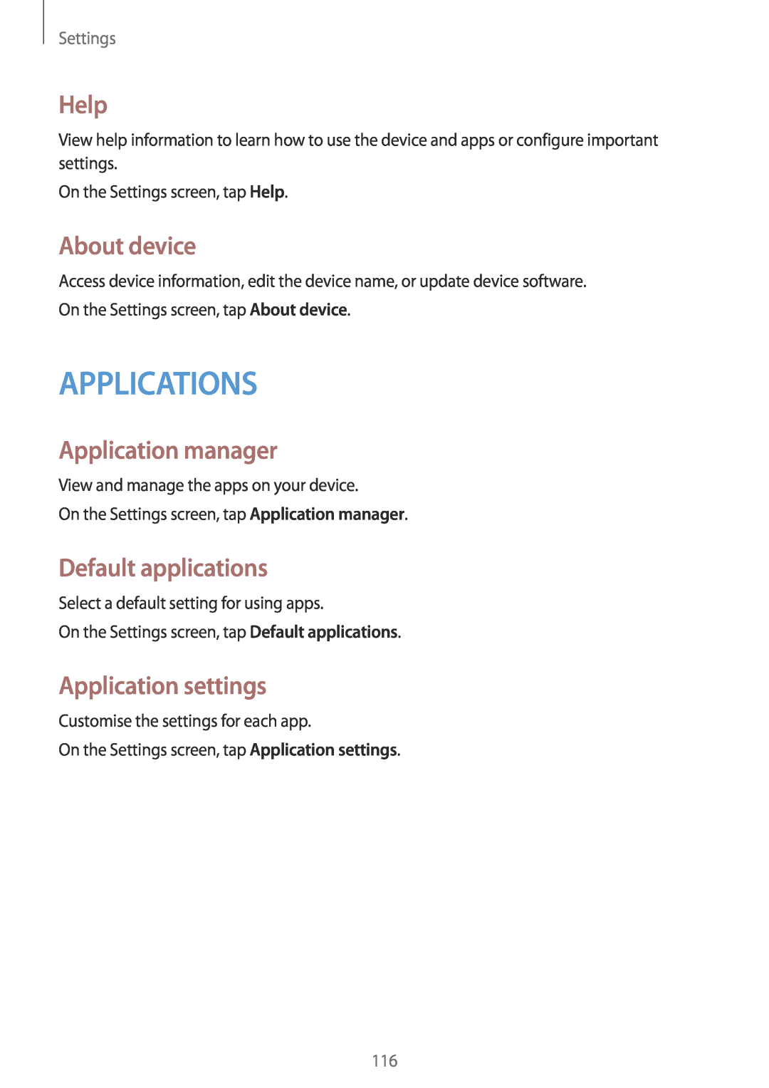 Samsung SM-A300FZWDETL Applications, Help, About device, Application manager, Default applications, Application settings 