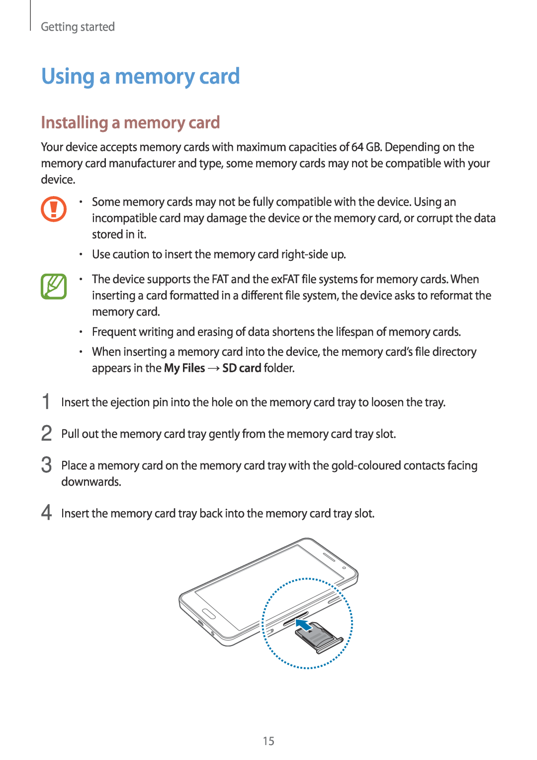 Samsung SM-A300FZDUCOS, SM-A300FZDDSEE, SM-A300FZDUMEO manual Using a memory card, Installing a memory card, Getting started 