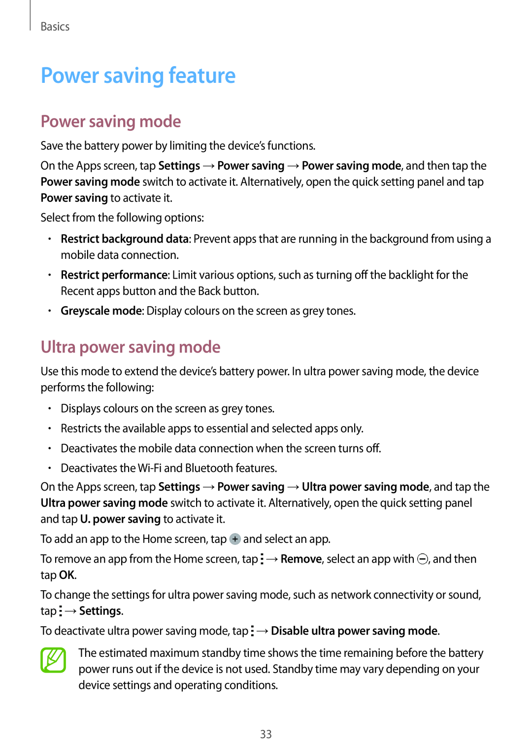 Samsung SM-A300FZWUPLS, SM-A300FZDDSEE manual Power saving feature, Power saving mode, Ultra power saving mode, Basics 