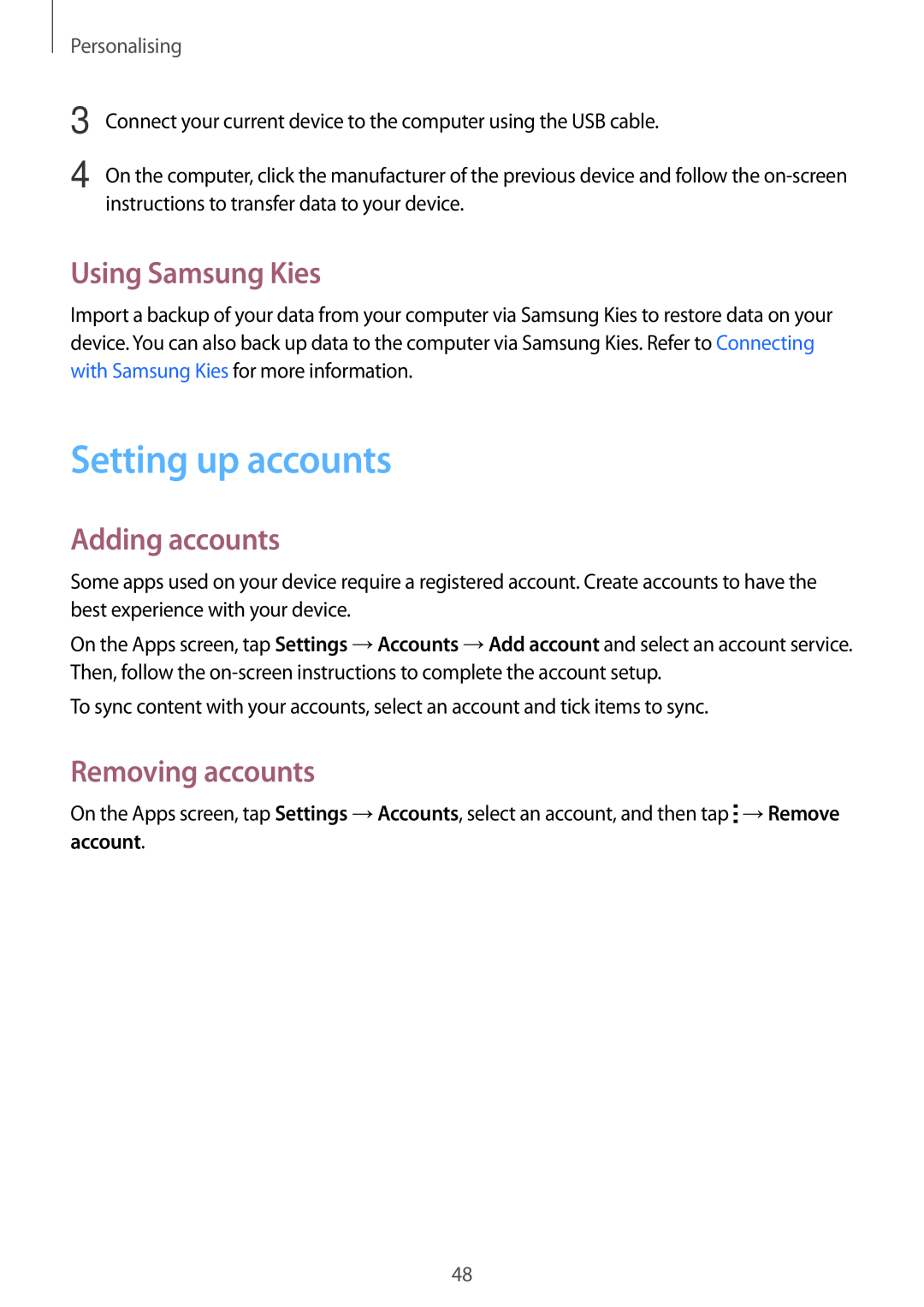 Samsung SM-A300FZSUSEB manual Setting up accounts, Using Samsung Kies, Adding accounts, Removing accounts, Personalising 