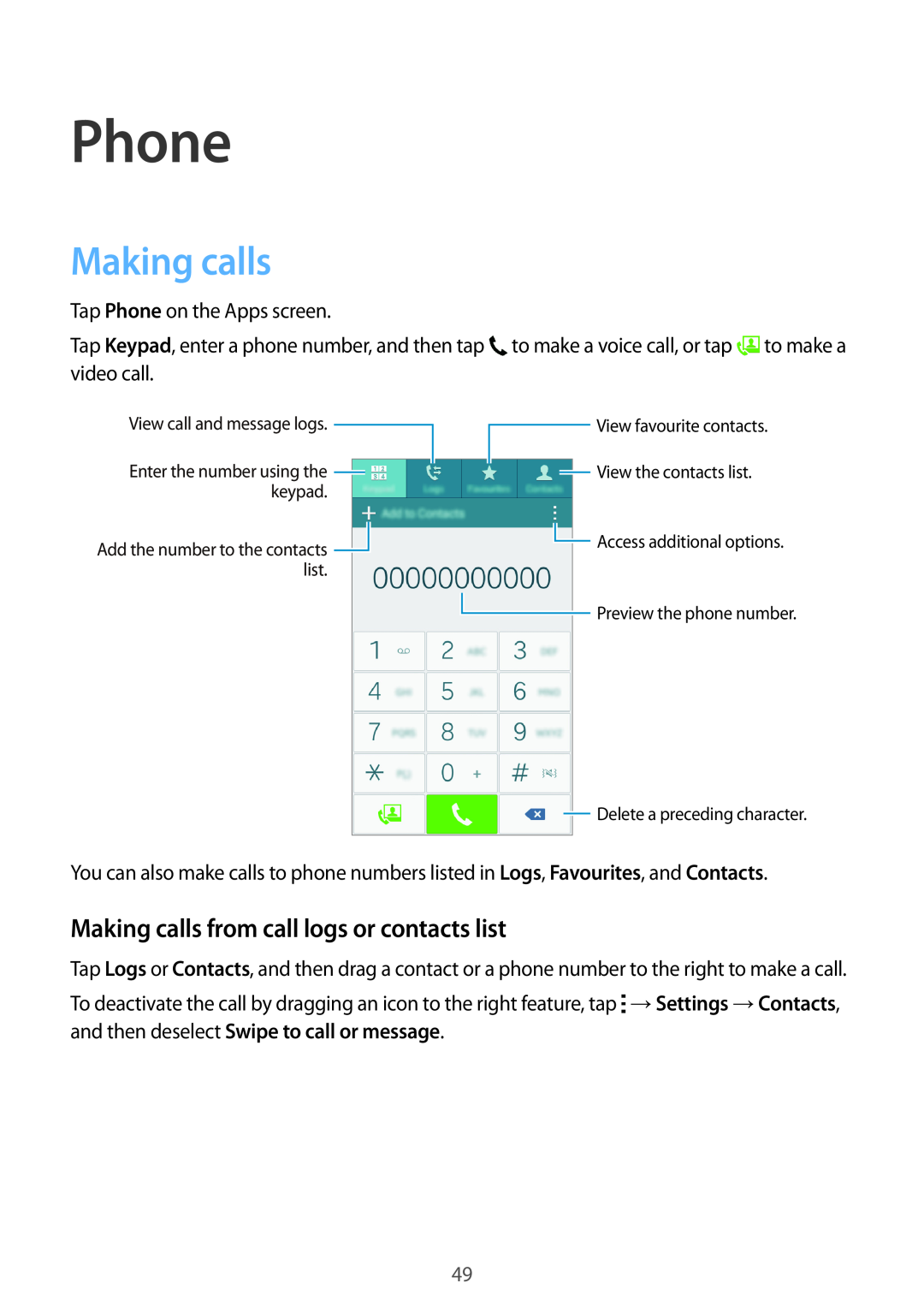 Samsung SM2A300FZKUDDE, SM-A300FZDDSEE, SM-A300FZDUMEO manual Phone, Making calls from call logs or contacts list 