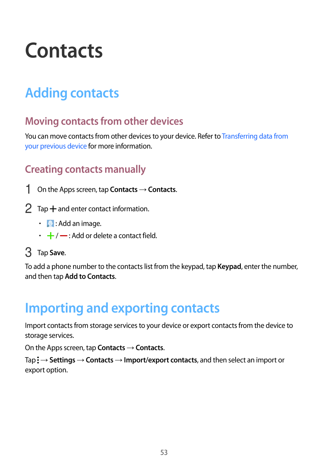 Samsung SM-A300FZWUVD2 Contacts, Adding contacts, Importing and exporting contacts, Moving contacts from other devices 