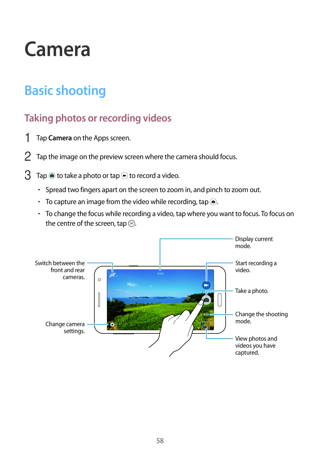 Samsung SM-A300FZKUEUR, SM-A300FZDDSEE, SM-A300FZDUMEO manual Camera, Basic shooting, Taking photos or recording videos 