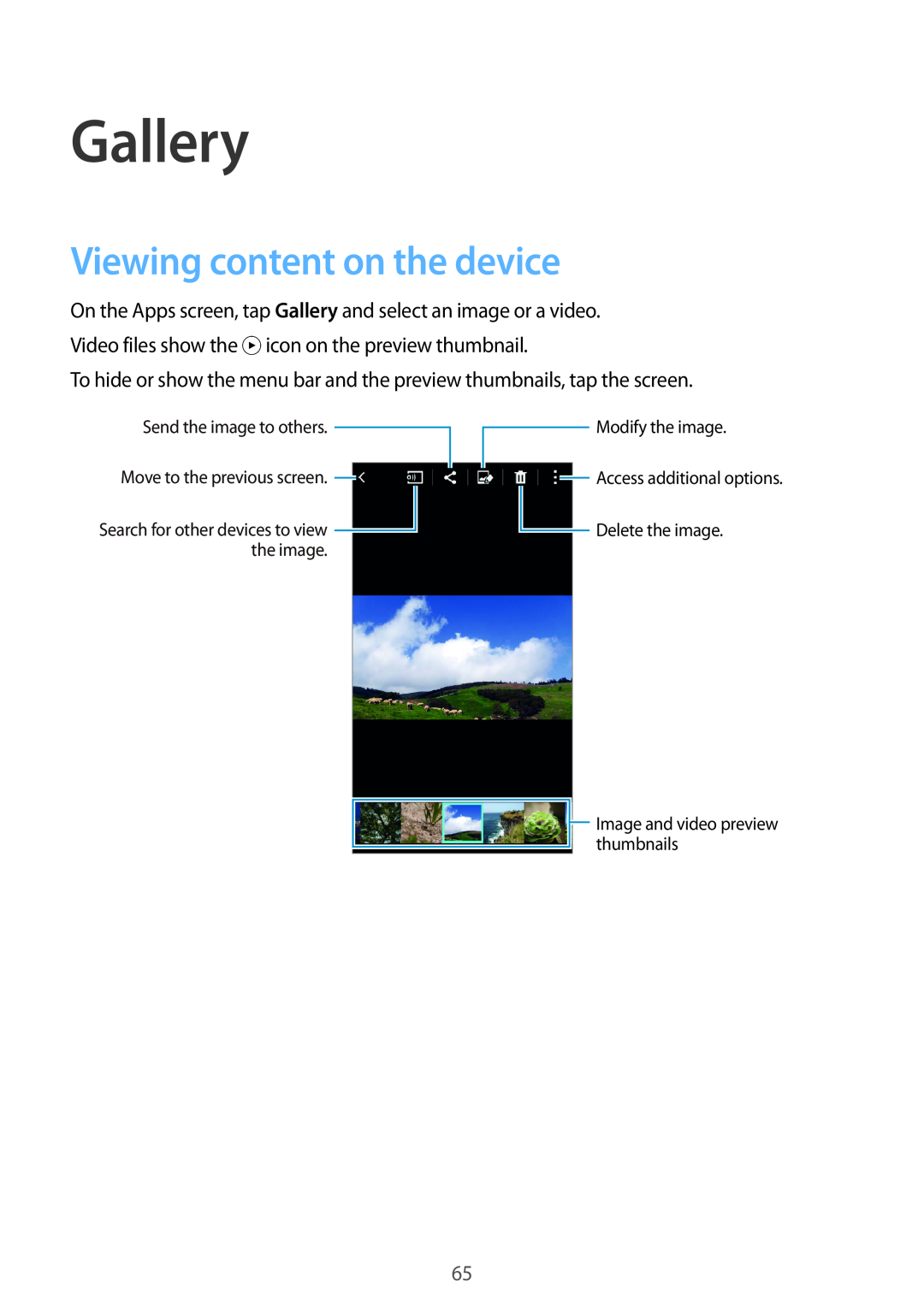 Samsung SM-A300FZWUBOG manual Gallery, Viewing content on the device, Send the image to others Move to the previous screen 