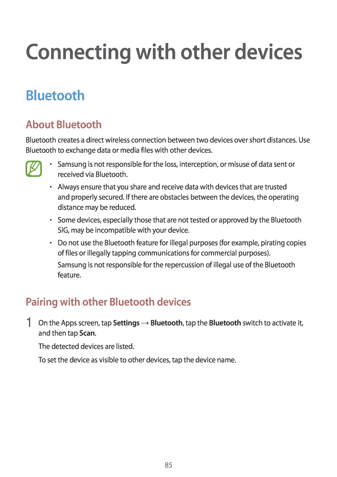 Samsung SM-A300FZWUHUI manual About Bluetooth, Pairing with other Bluetooth devices, Connecting with other devices 