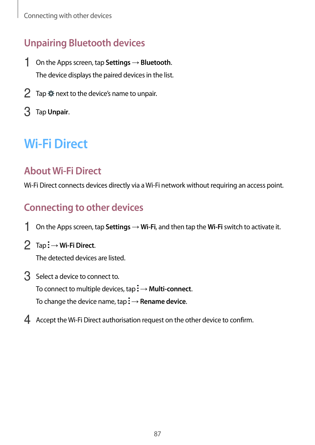 Samsung SM-A300FZWUWIN manual Unpairing Bluetooth devices, About Wi-Fi Direct, Connecting to other devices, Tap Unpair 