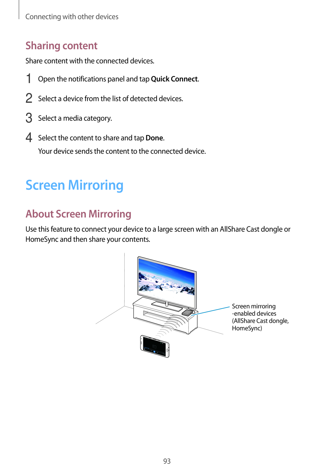Samsung SM-A300FZWULUX, SM-A300FZDDSEE manual Sharing content, About Screen Mirroring, Connecting with other devices 