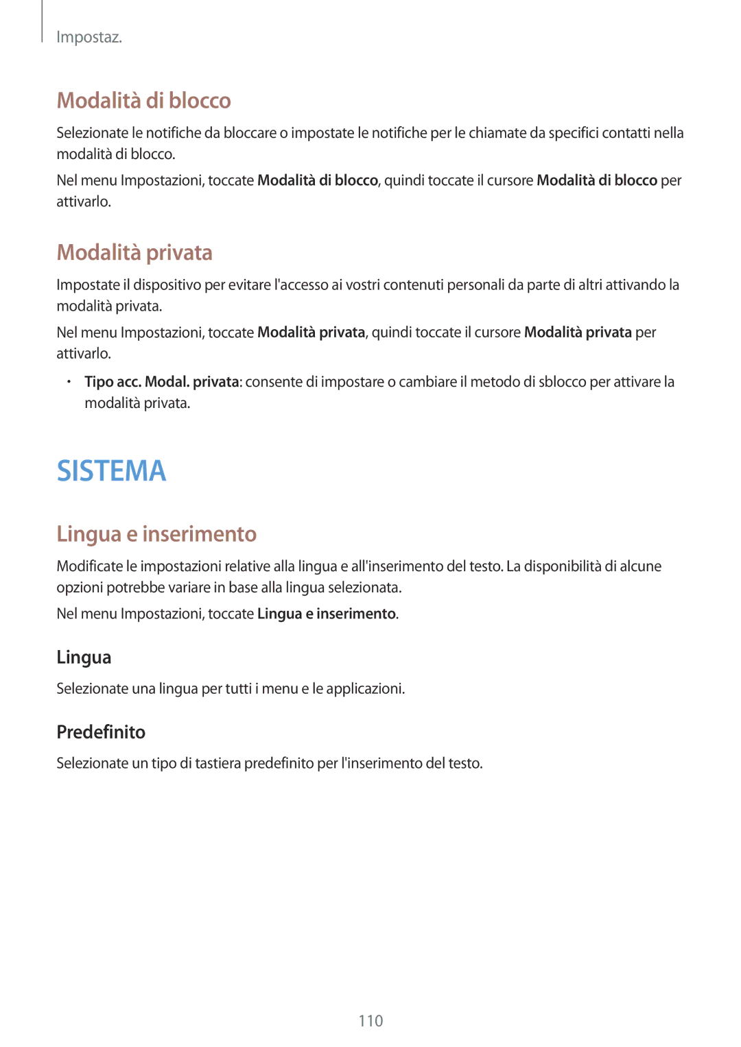 Samsung SM-A300FZDUPHN, SM-A300FZDUXEO manual Modalità di blocco, Modalità privata, Lingua e inserimento, Predefinito 