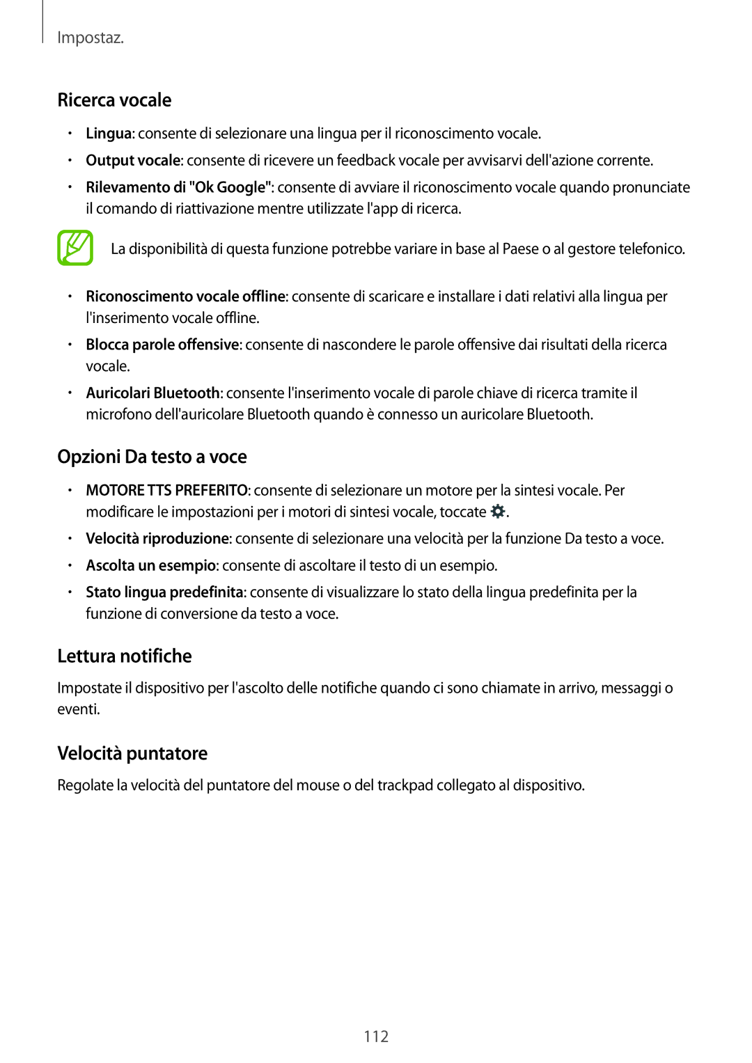 Samsung SM-A300FZSUTIM, SM-A300FZDUXEO manual Ricerca vocale, Opzioni Da testo a voce, Lettura notifiche, Velocità puntatore 