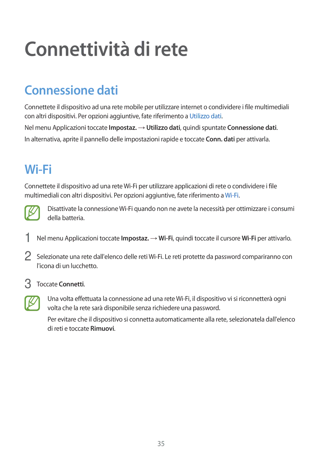 Samsung SM-A300FZKUOMN, SM-A300FZDUXEO, SM-A300FZWUDBT, SM-A300FZKUDBT manual Connettività di rete, Connessione dati, Wi-Fi 