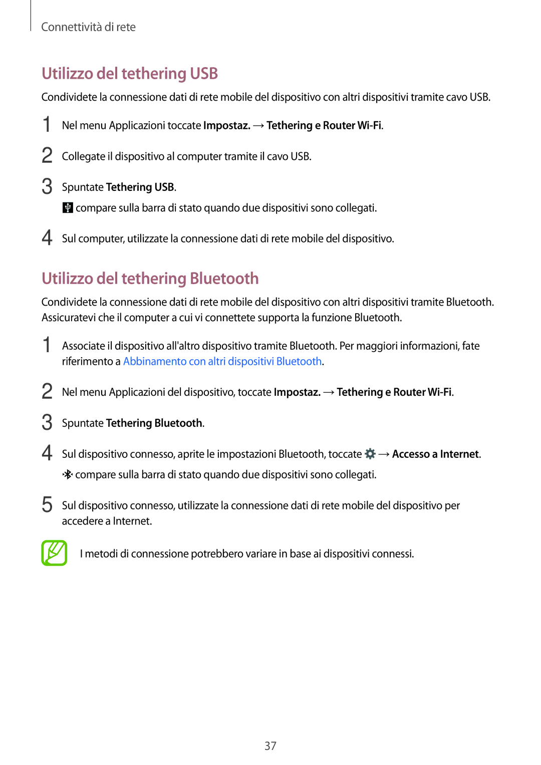 Samsung SM-A300FZKUDPL manual Utilizzo del tethering USB, Utilizzo del tethering Bluetooth, Spuntate Tethering USB 