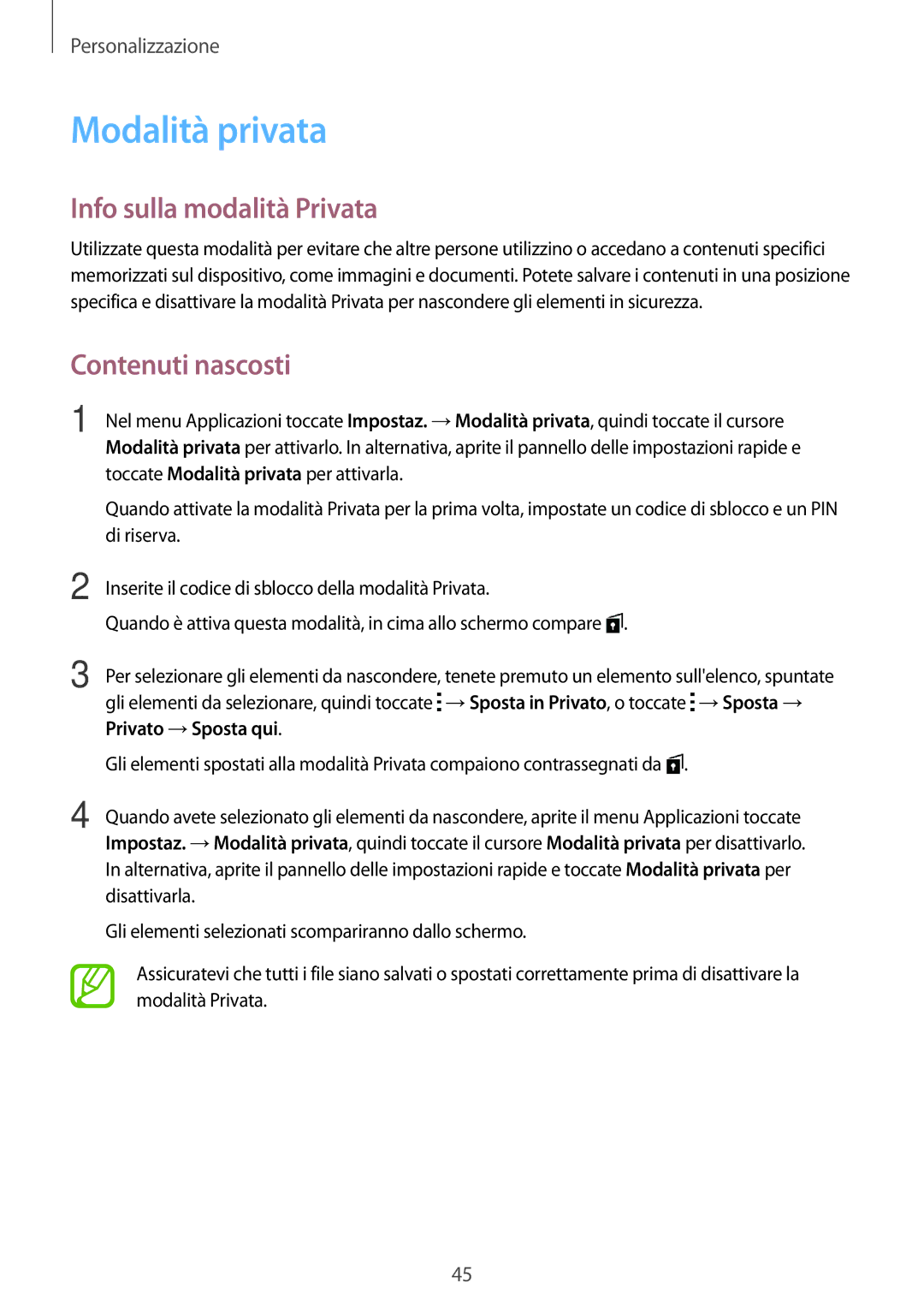 Samsung SM-A300FZSUITV, SM-A300FZDUXEO, SM-A300FZWUDBT Modalità privata, Info sulla modalità Privata, Contenuti nascosti 