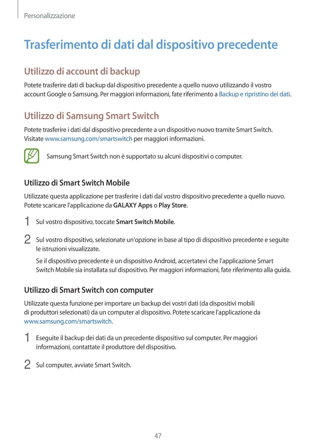 Samsung SM-A300FZDUXEO Utilizzo di account di backup, Utilizzo di Samsung Smart Switch, Utilizzo di Smart Switch Mobile 