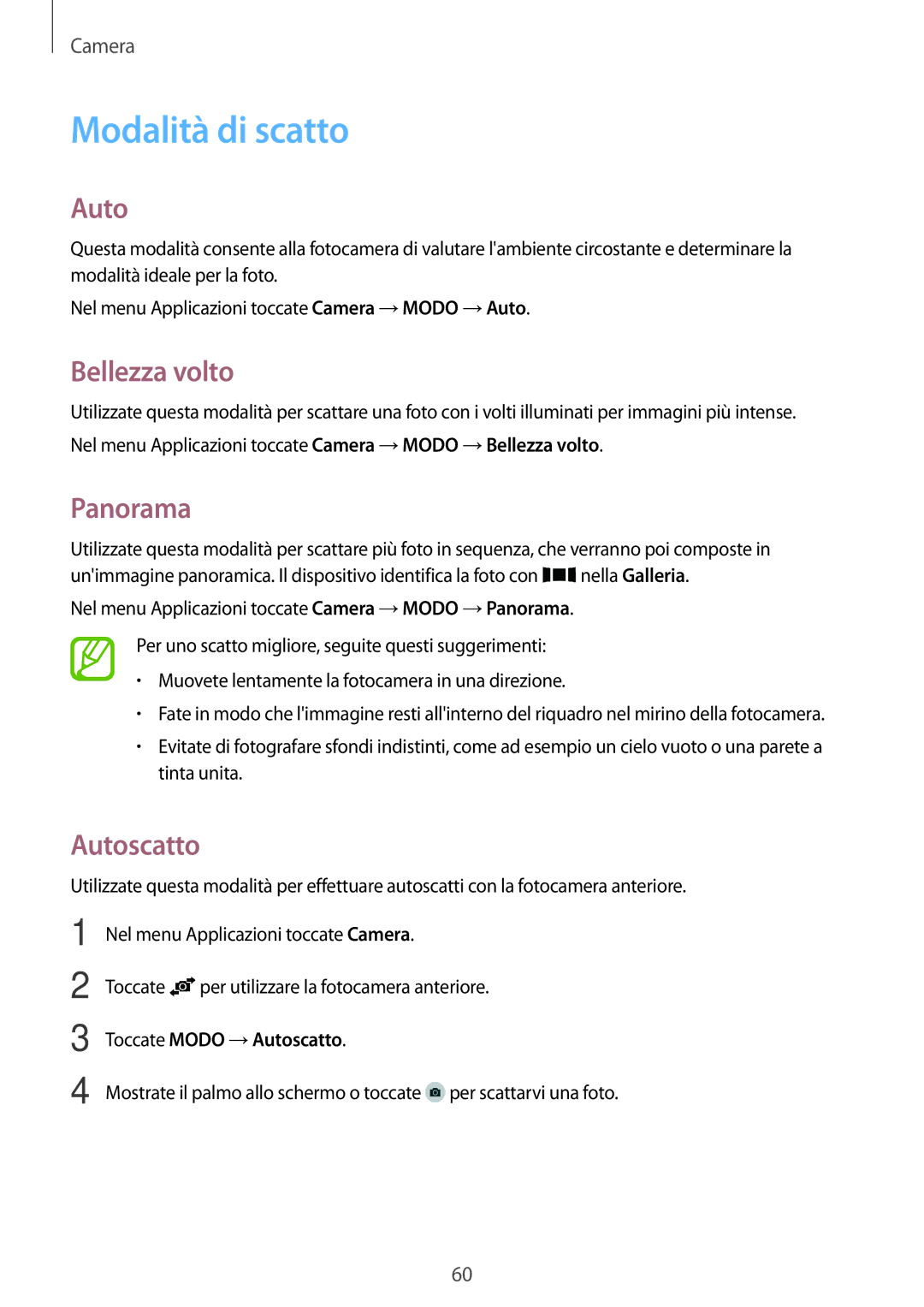 Samsung SM-A300FZKUSWC, SM-A300FZDUXEO, SM-A300FZWUDBT manual Modalità di scatto, Bellezza volto, Panorama, Autoscatto 