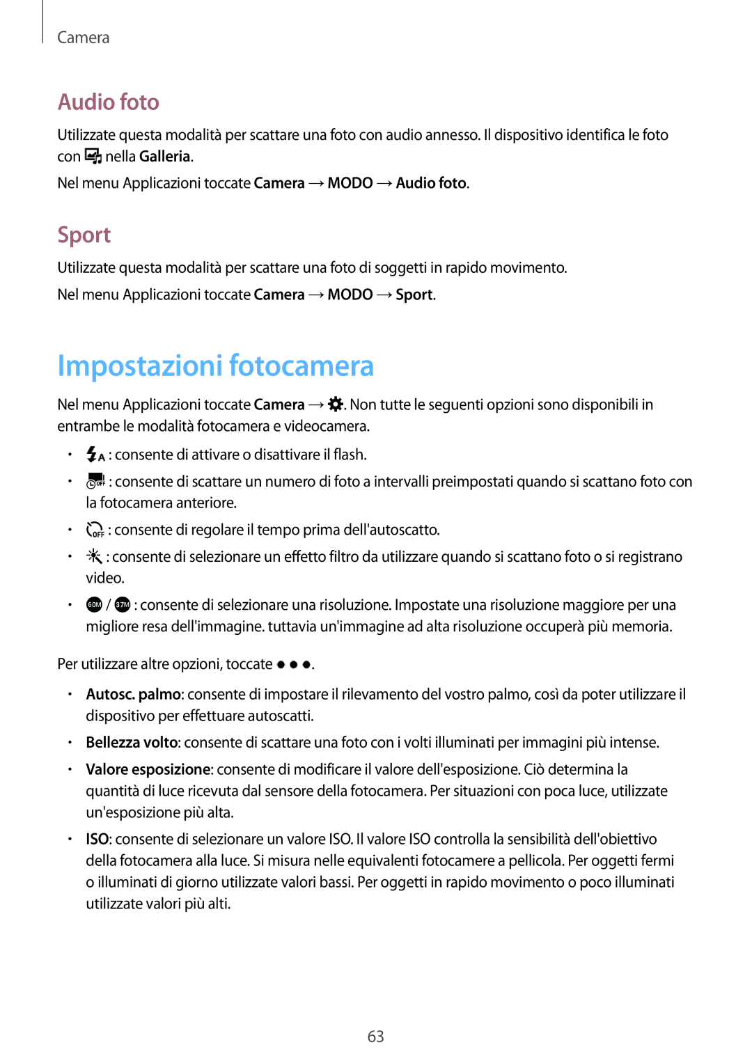 Samsung SM-A300FZDUPHN, SM-A300FZDUXEO, SM-A300FZWUDBT, SM-A300FZKUDBT manual Impostazioni fotocamera, Audio foto, Sport 