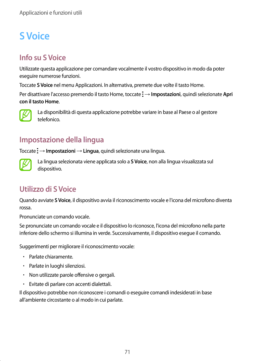 Samsung SM-A300FZKUHUI, SM-A300FZDUXEO, SM-A300FZWUDBT Info su S Voice, Impostazione della lingua, Utilizzo di S Voice 