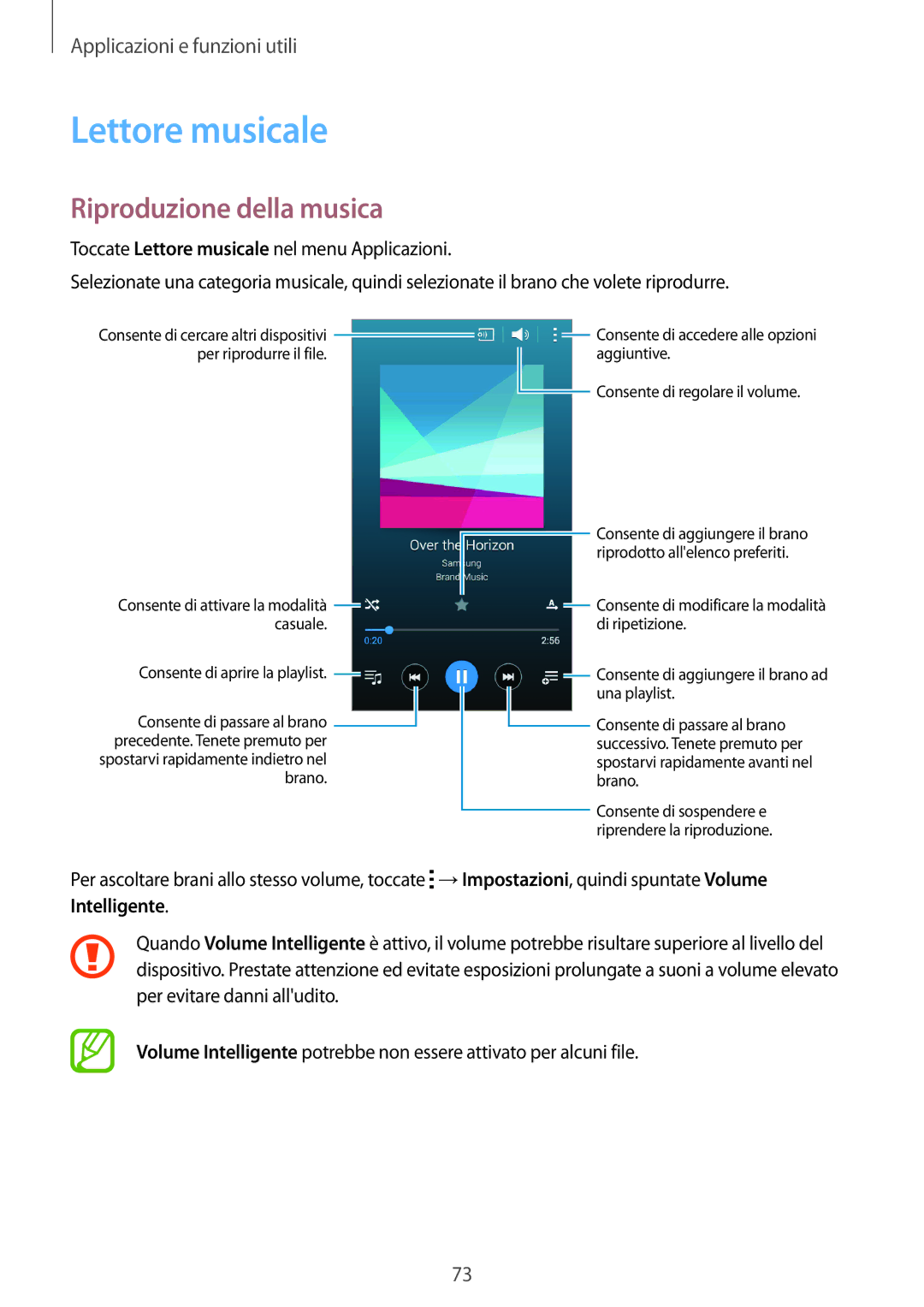 Samsung SM-A300FZKUTIM, SM-A300FZDUXEO, SM-A300FZWUDBT manual Lettore musicale, Riproduzione della musica, Intelligente 