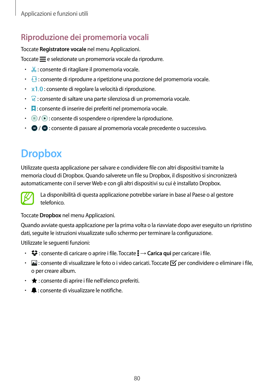 Samsung SM-A300FZWULUX, SM-A300FZDUXEO, SM-A300FZWUDBT, SM-A300FZKUDBT manual Dropbox, Riproduzione dei promemoria vocali 