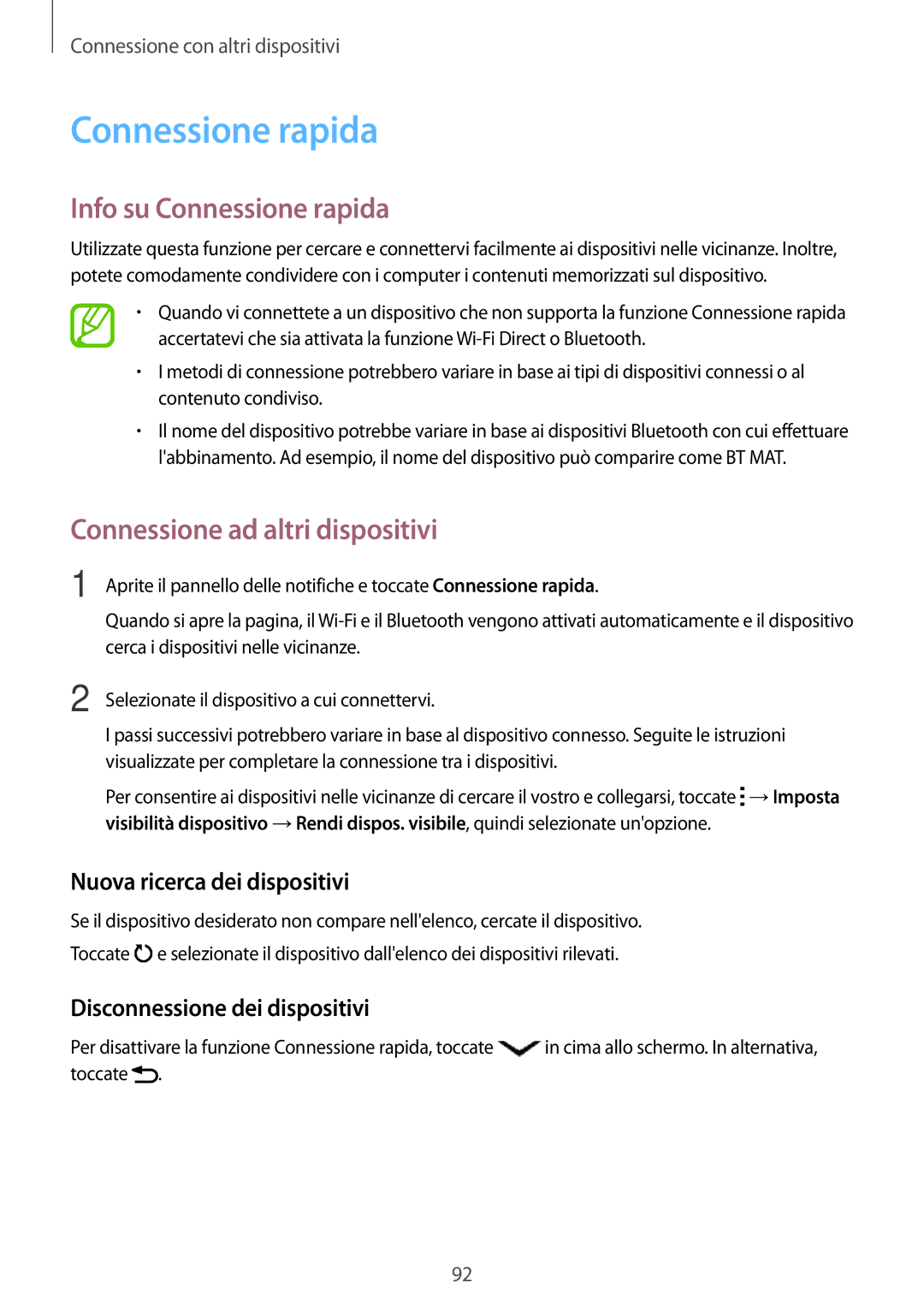 Samsung SM-A300FZSUITV manual Info su Connessione rapida, Nuova ricerca dei dispositivi, Disconnessione dei dispositivi 