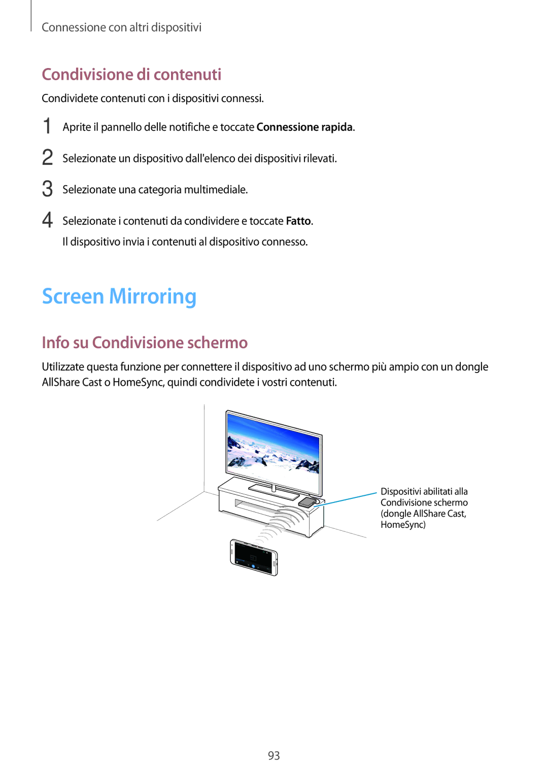 Samsung SM-A300FZKUXEO, SM-A300FZDUXEO manual Screen Mirroring, Condivisione di contenuti, Info su Condivisione schermo 