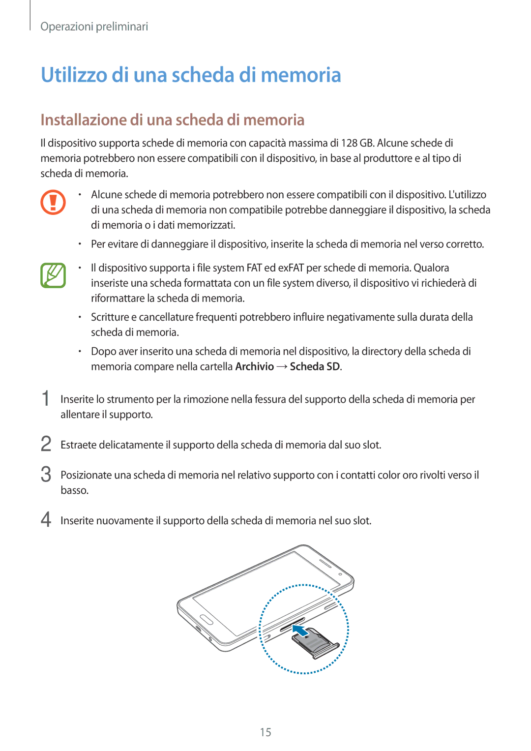 Samsung SM-A300FZKUITV, SM-A300FZDUXEO manual Utilizzo di una scheda di memoria, Installazione di una scheda di memoria 