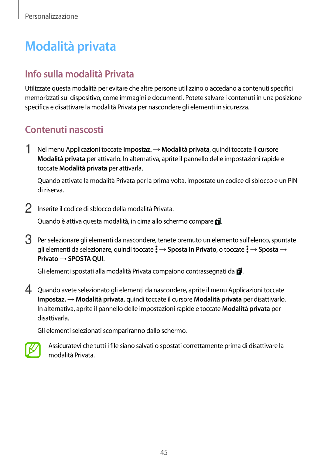 Samsung SM-A300FZSUITV, SM-A300FZDUXEO, SM-A300FZWUDBT Modalità privata, Info sulla modalità Privata, Contenuti nascosti 