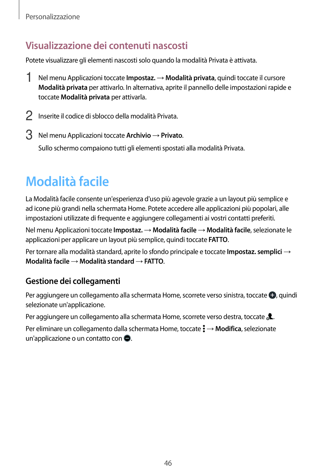 Samsung SM-A300FZKUXEO, SM-A300FZDUXEO Modalità facile, Visualizzazione dei contenuti nascosti, Gestione dei collegamenti 