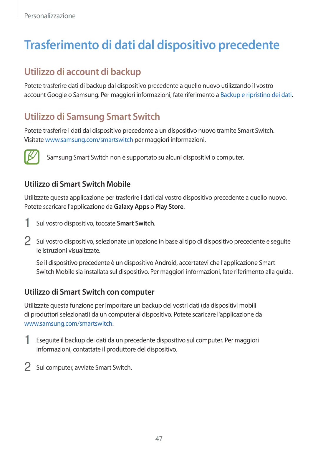 Samsung SM-A300FZDUXEO Utilizzo di account di backup, Utilizzo di Samsung Smart Switch, Utilizzo di Smart Switch Mobile 