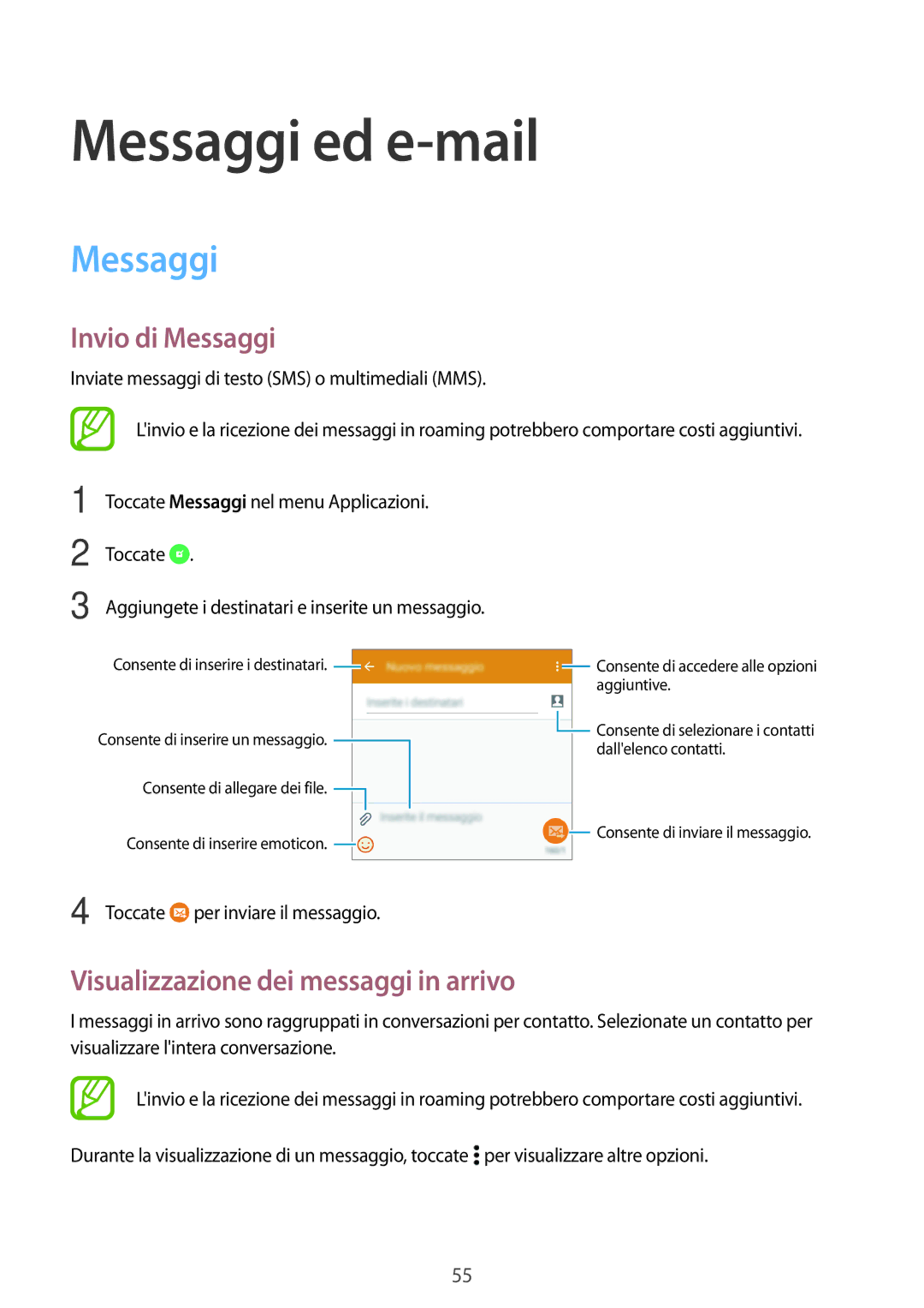 Samsung SM-A300FZSUXEO, SM-A300FZDUXEO manual Messaggi ed e-mail, Invio di Messaggi, Visualizzazione dei messaggi in arrivo 