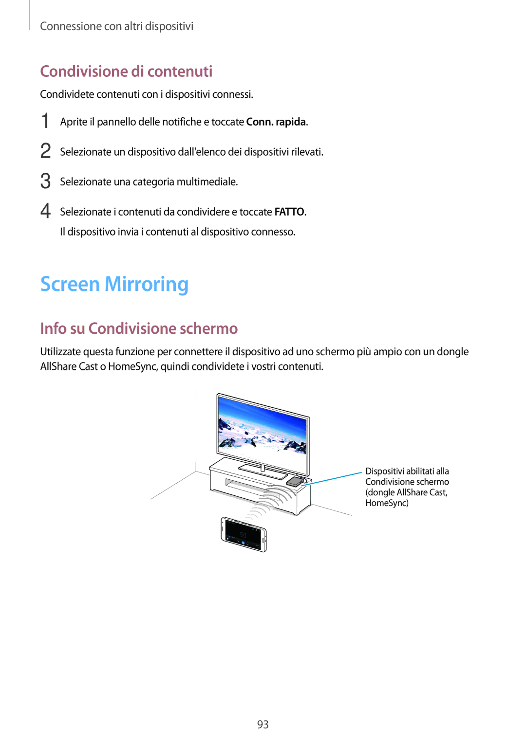 Samsung SM-A300FZKUXEO, SM-A300FZDUXEO manual Screen Mirroring, Condivisione di contenuti, Info su Condivisione schermo 