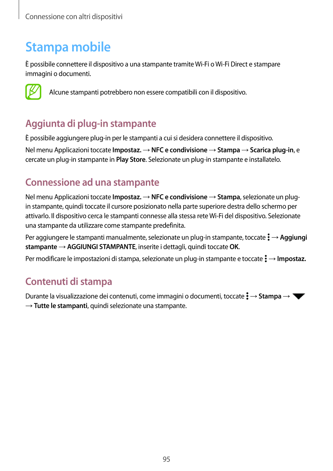 Samsung SM-A300FZWUDBT Stampa mobile, Aggiunta di plug-in stampante, Connessione ad una stampante, Contenuti di stampa 