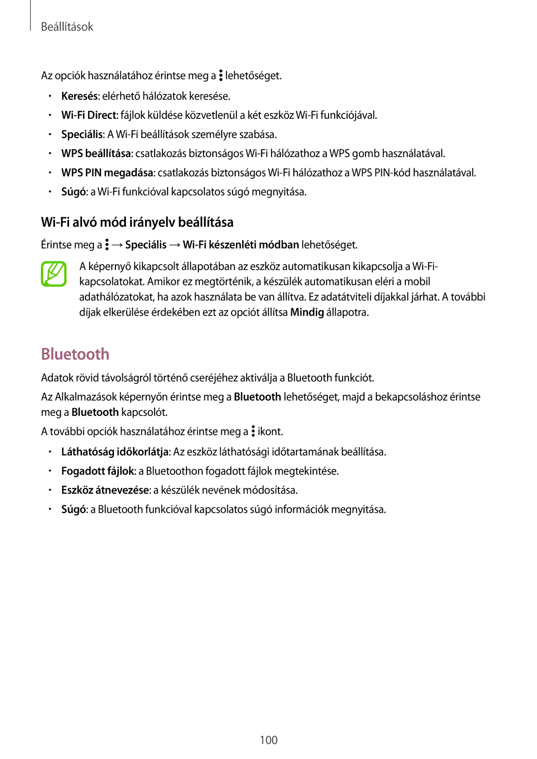 Samsung SM2A300FZDUORX, SM-A300FZDUXEO, SM-A300FZWUVGR, SM-A300FZWUATO manual Bluetooth, Wi-Fi alvó mód irányelv beállítása 