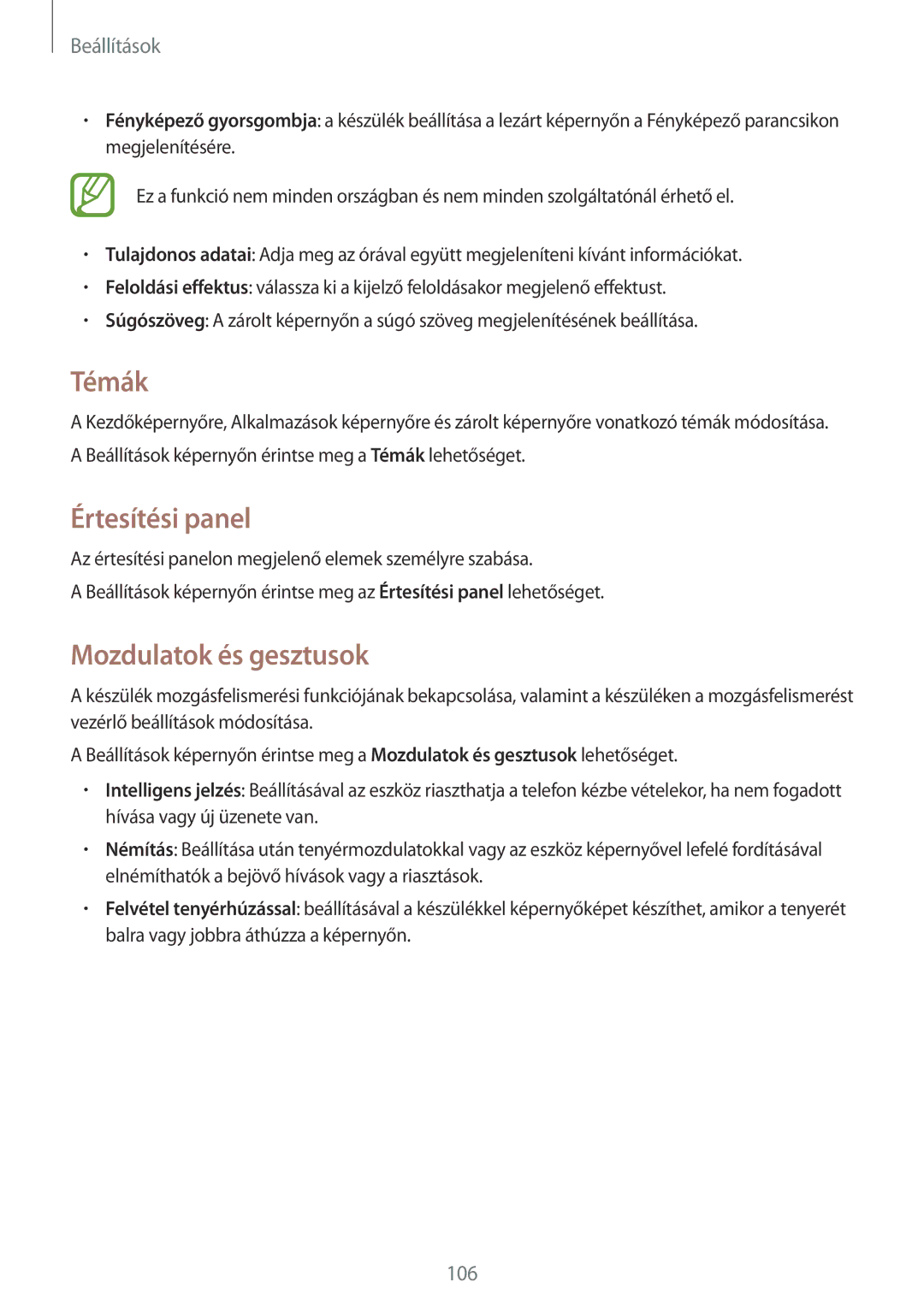 Samsung SM-A300FZWUPHE, SM-A300FZDUXEO, SM-A300FZWUVGR, SM-A300FZWUATO manual Témák, Értesítési panel, Mozdulatok és gesztusok 