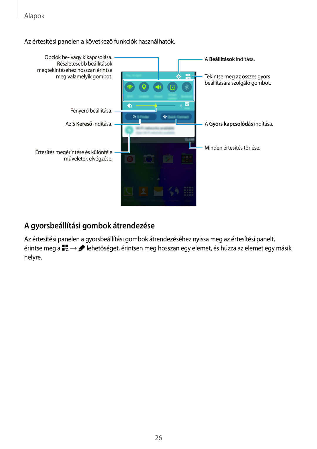 Samsung SM-A300FZKUATO manual Gyorsbeállítási gombok átrendezése, Az értesítési panelen a következő funkciók használhatók 