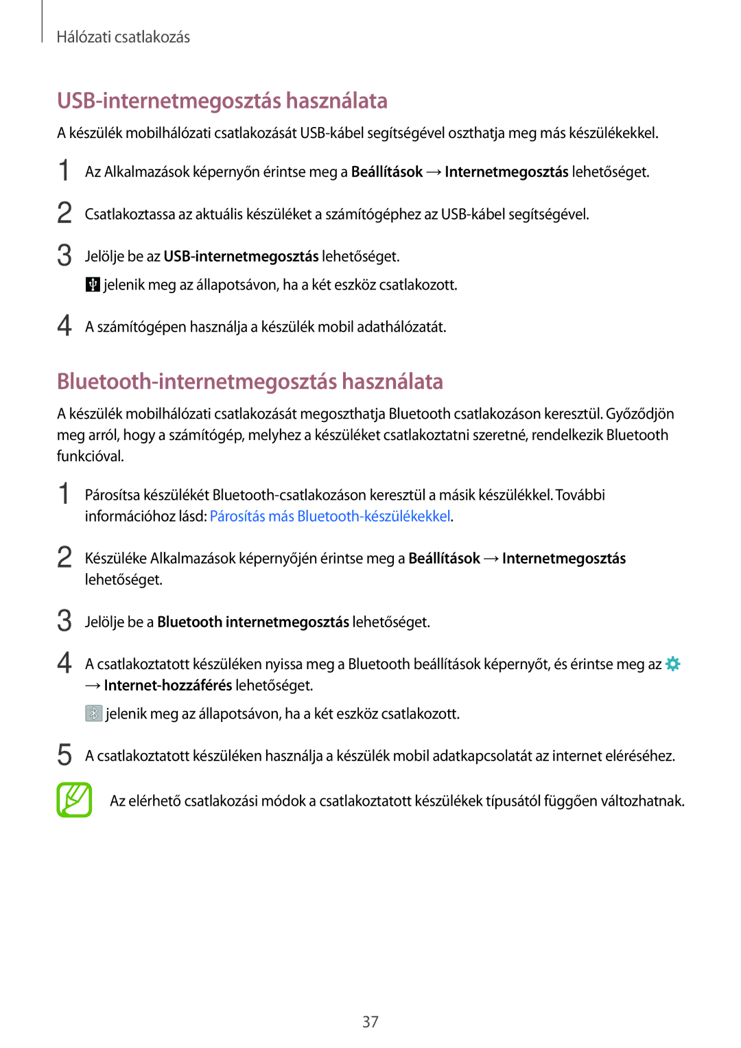 Samsung SM-A300FZKUIDE, SM-A300FZDUXEO manual USB-internetmegosztás használata, Bluetooth-internetmegosztás használata 