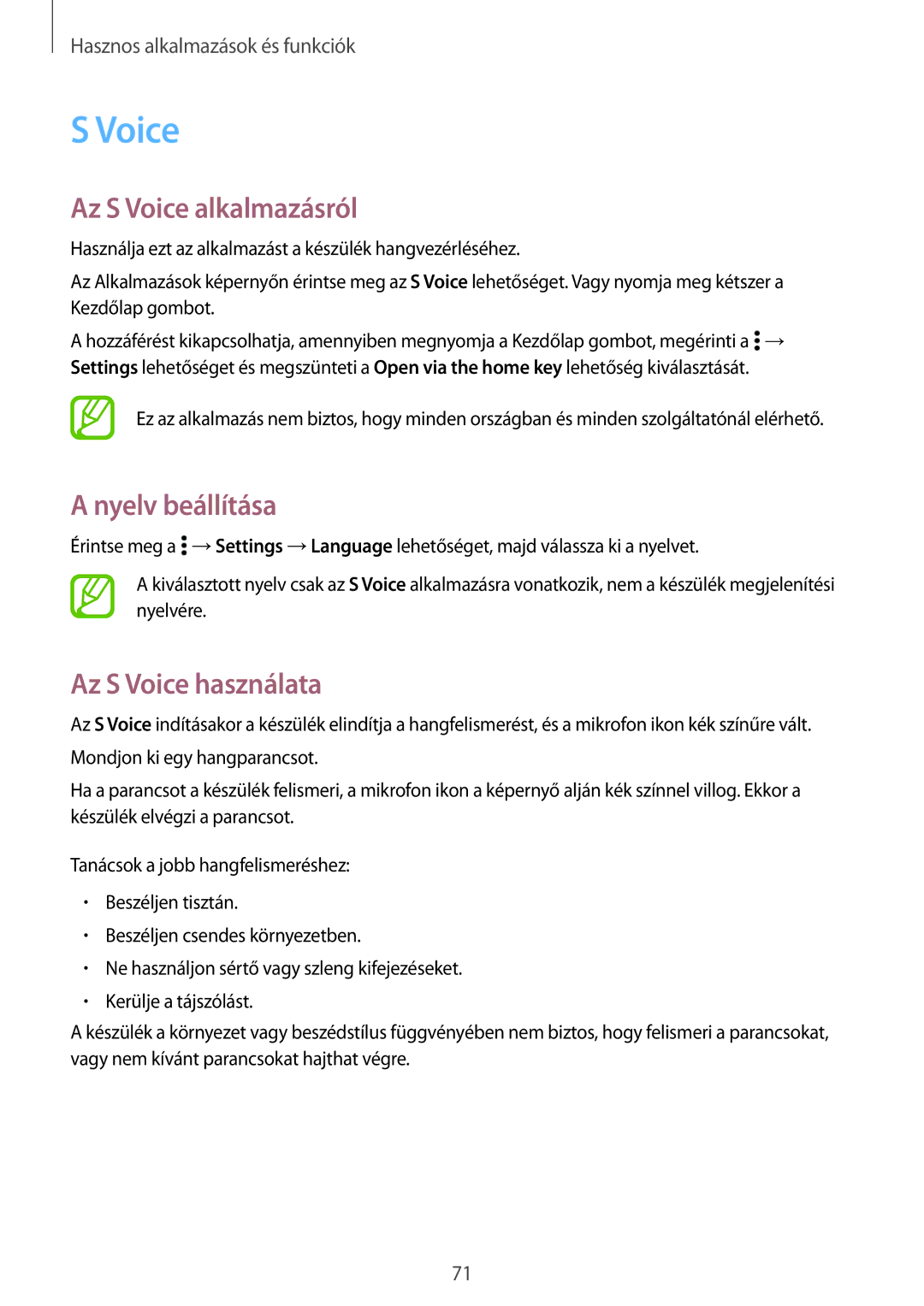 Samsung SM2A300FZSUXEH, SM-A300FZDUXEO manual Az S Voice alkalmazásról, Nyelv beállítása, Az S Voice használata 