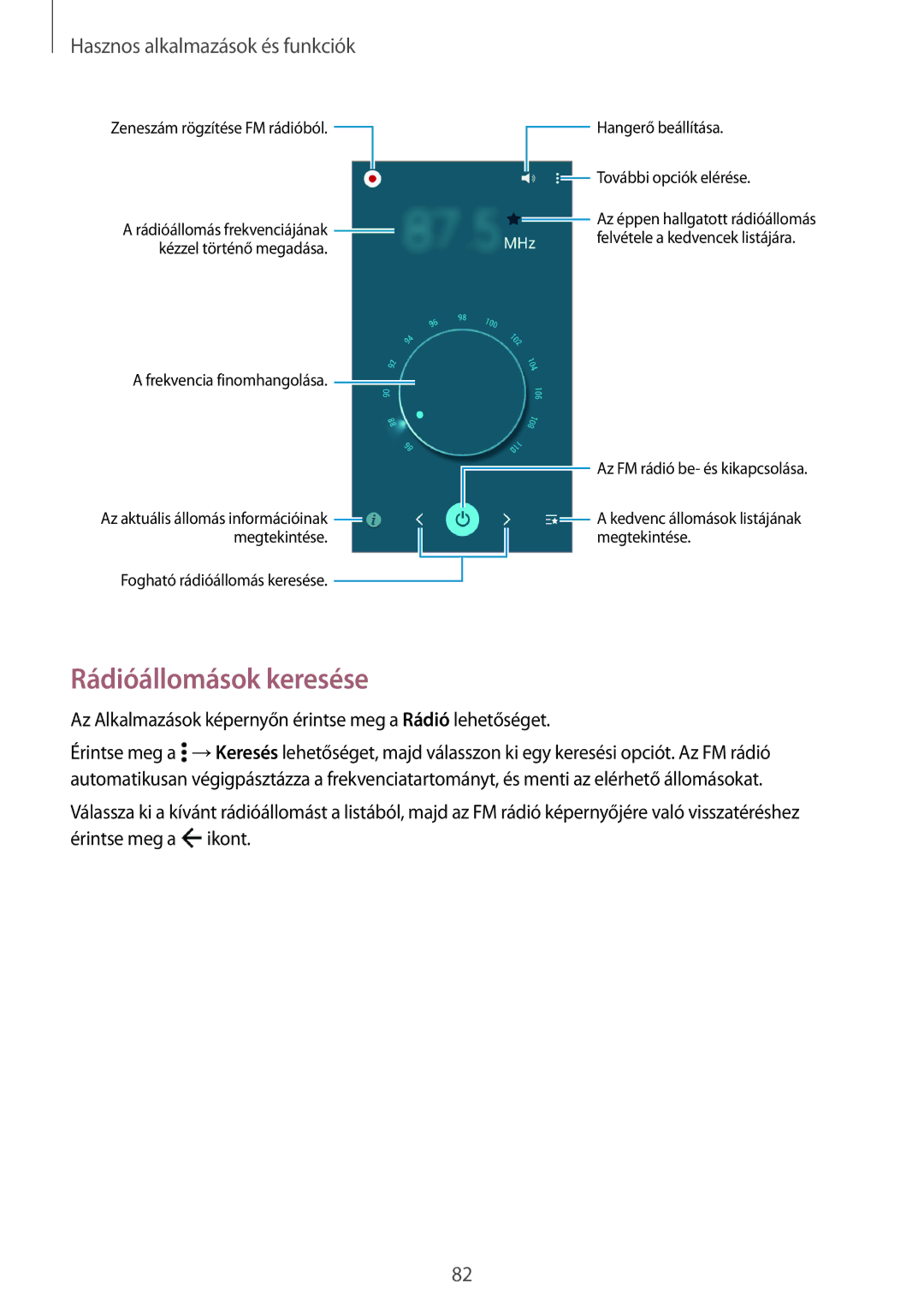 Samsung SM2A300FZWUVDH, SM-A300FZDUXEO manual Rádióállomások keresése, Kézzel történő megadása Frekvencia finomhangolása 