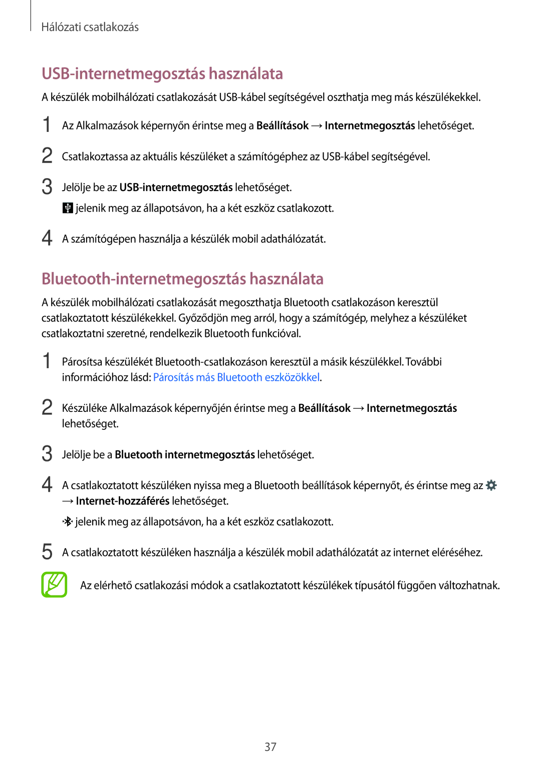 Samsung SM-A300FZKUIDE, SM-A300FZDUXEO manual USB-internetmegosztás használata, Bluetooth-internetmegosztás használata 