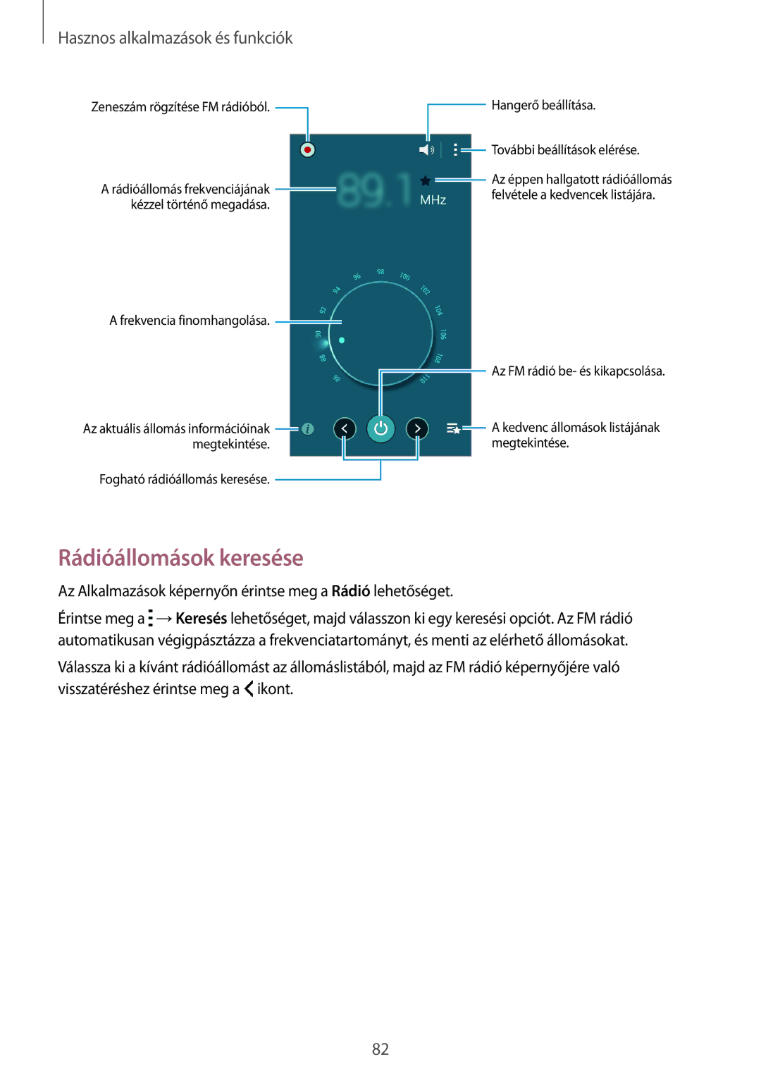 Samsung SM2A300FZWUVDH, SM-A300FZDUXEO manual Rádióállomások keresése, Kézzel történő megadása Frekvencia finomhangolása 