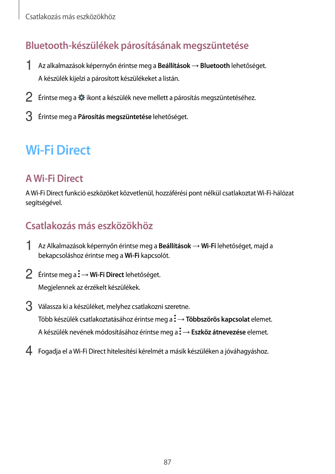 Samsung SM-A300FZSUETL manual Wi-Fi Direct, Bluetooth-készülékek párosításának megszüntetése, Csatlakozás más eszközökhöz 