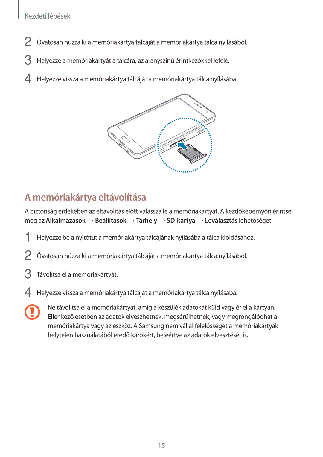 Samsung SM-A300FZKDROM, SM-A300FZDUXEO, SM-A300FZWUVGR, SM-A300FZWUATO, SM-A300FZKUVGR manual Memóriakártya eltávolítása 