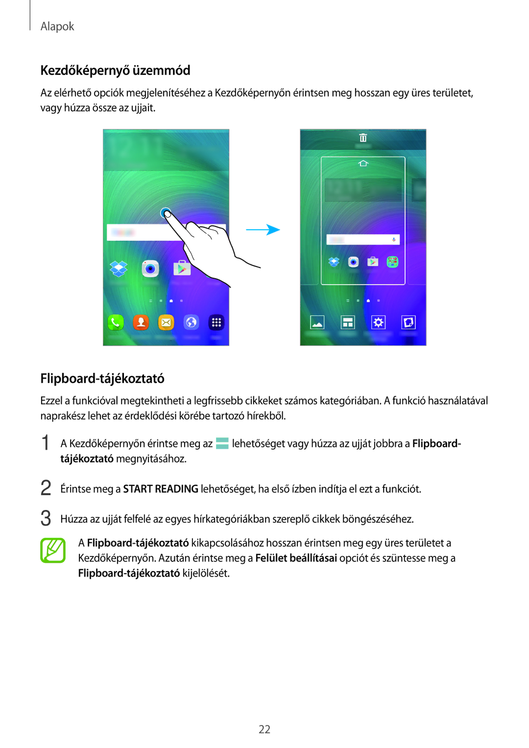 Samsung SM-A300FZKDATO, SM-A300FZDUXEO, SM-A300FZWUVGR, SM-A300FZWUATO manual Kezdőképernyő üzemmód, Flipboard-tájékoztató 